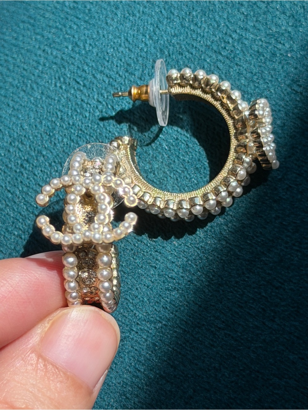 Gold-Tone Pearl Hoop Earrings with Interlocking Logo Accent
